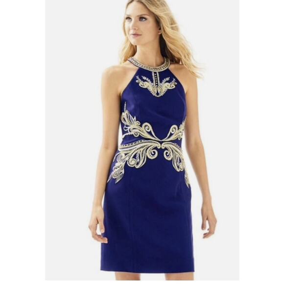 Lilly Pulitzer Benita Embellished Shift Dress Women 10 Blue Cocktail Preppy Glam - Picture 1 of 15